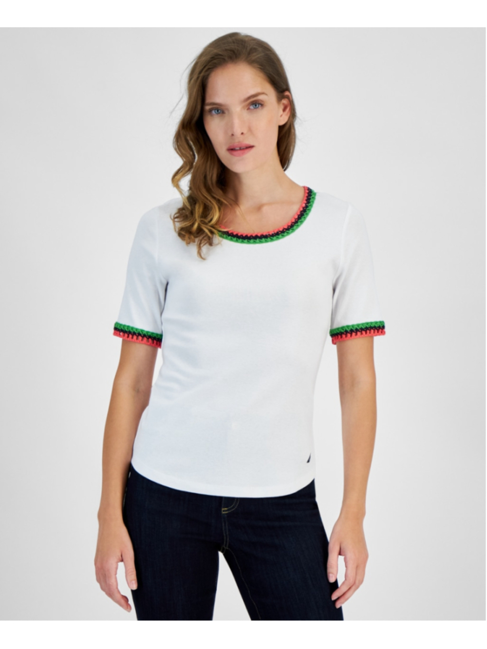 Nautica Jeans Size Medium White Crochet Trim Tee Short Sleeve T-Shirt NWT